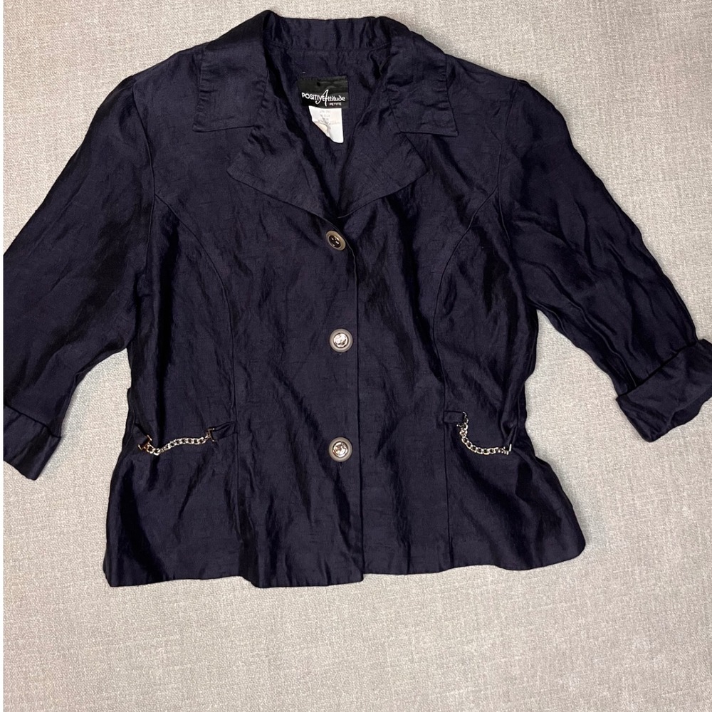Positive Attitude Petite Navy Blue Linen‎ Blend Chain Detail Blazer Jacket